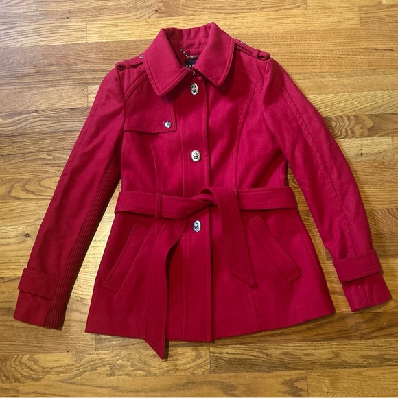 Express NWT Red Wool Belted Pea Coat/Short Trench Coat, Silver Detail Size XS - Picture 1 of 11